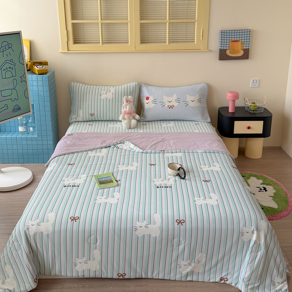 91家纺网 家纺一手货源 找家纺 桃子家居 2026新款A类小清新卡通数码印花混搭小冰皮夏被夏凉被空调被席子凉席四件套 小冰皮-薄荷奶糖猫