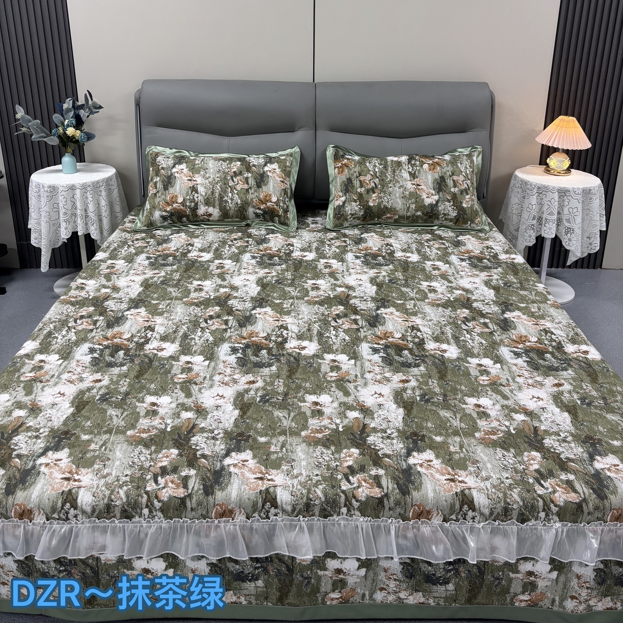 德之仁纺织 2026新款法式氛围感加厚防滑可机洗印花床盖三件套-油画秘境 油画秘境-抹茶绿