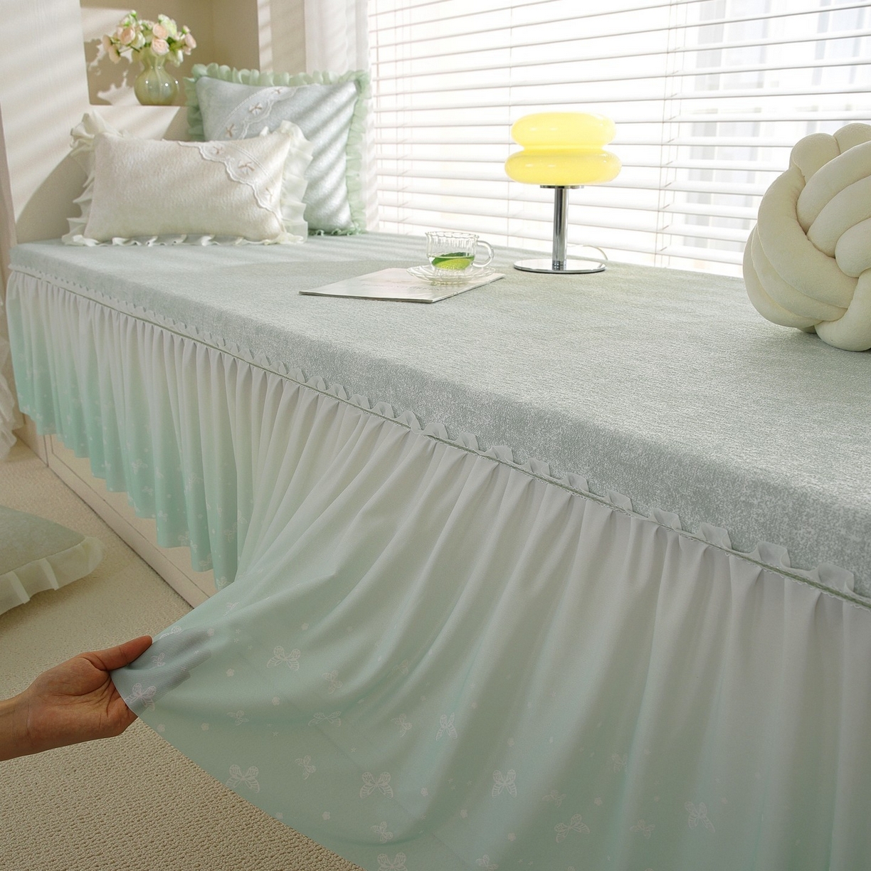 91家纺网 家纺一手货源 找家纺 共鸣沙发垫 2026新款冰豆豆素雅5厘米海绵飘窗垫系列 素雅绿色