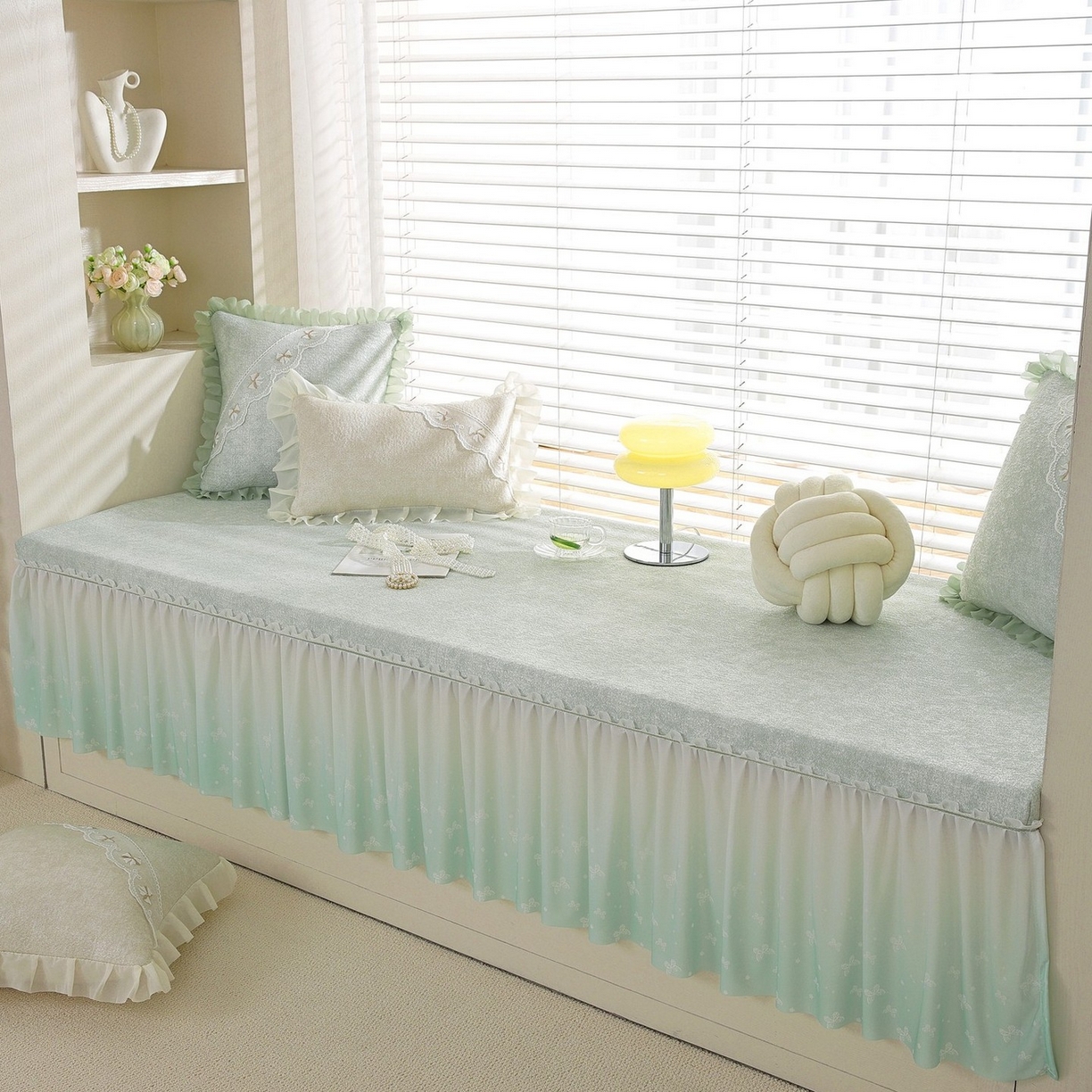 91家纺网 家纺一手货源 找家纺 共鸣沙发垫 2026新款冰豆豆素雅5厘米海绵飘窗垫系列 素雅绿色