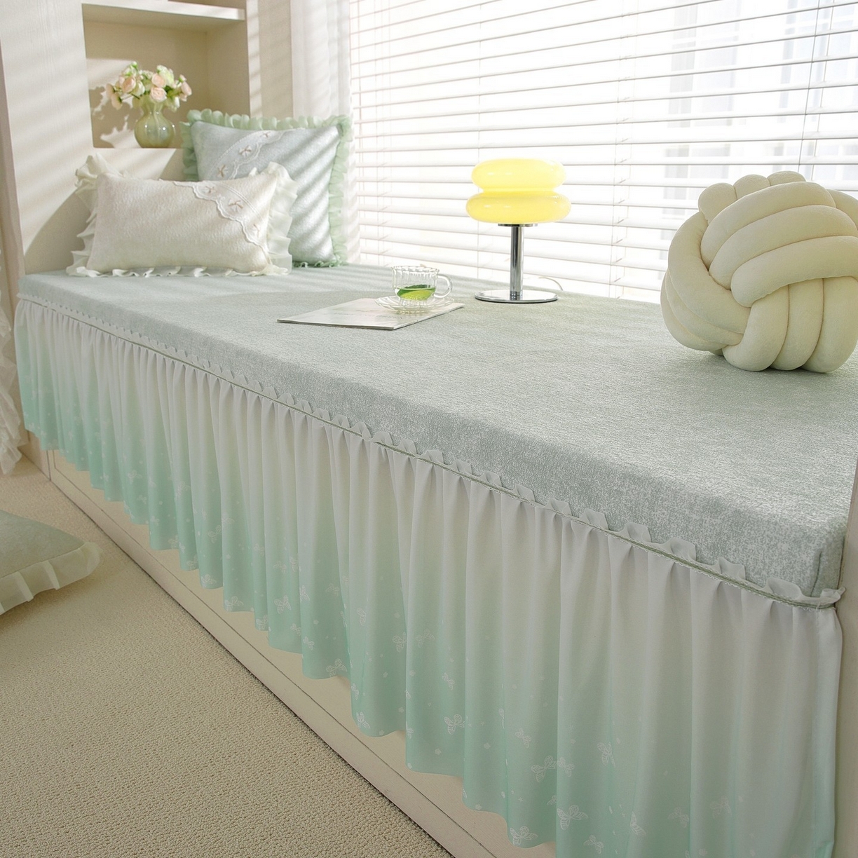 91家纺网 家纺一手货源 找家纺 共鸣沙发垫 2026新款冰豆豆素雅5厘米海绵飘窗垫系列 素雅绿色