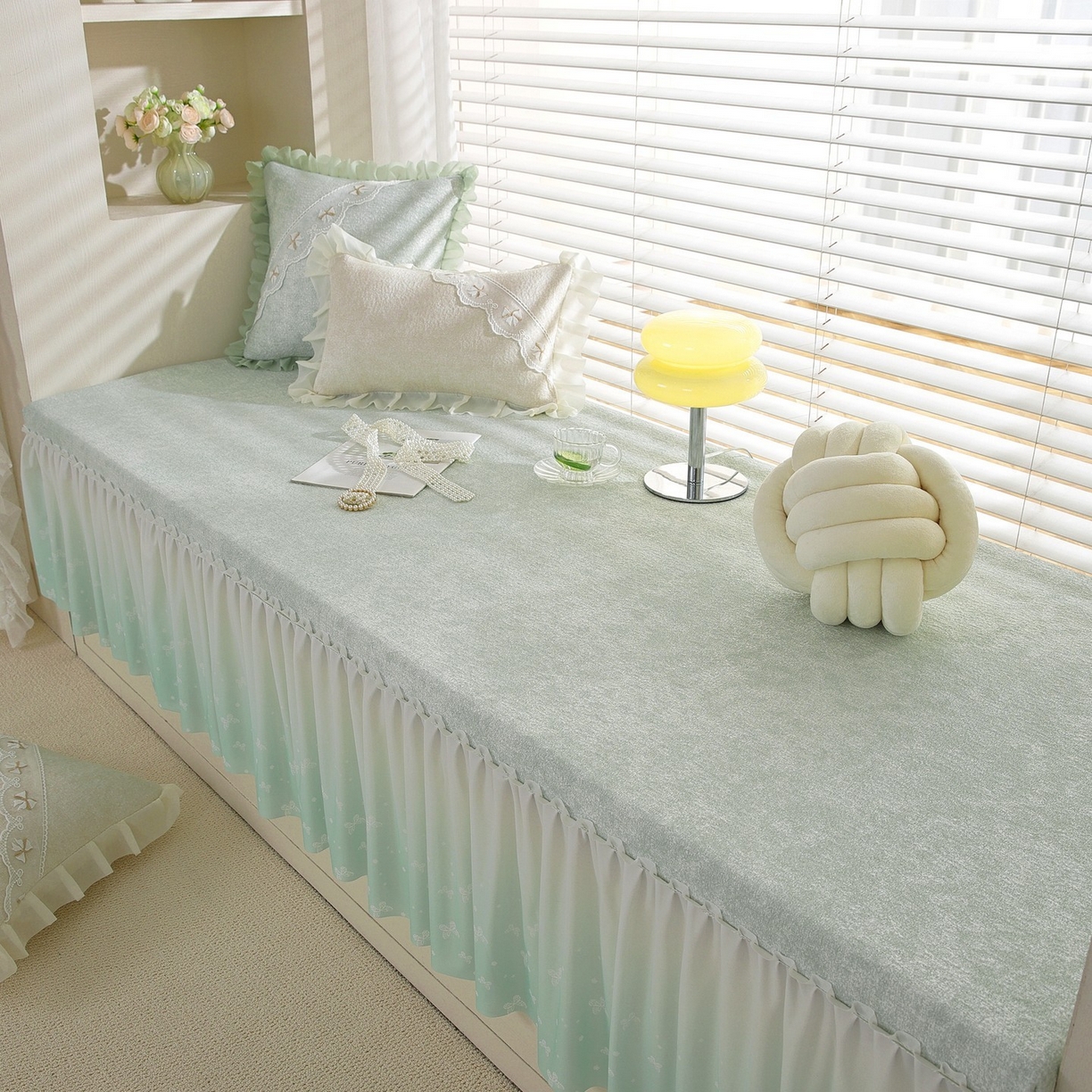 91家纺网 家纺一手货源 找家纺 共鸣沙发垫 2026新款冰豆豆素雅5厘米海绵飘窗垫系列 素雅绿色