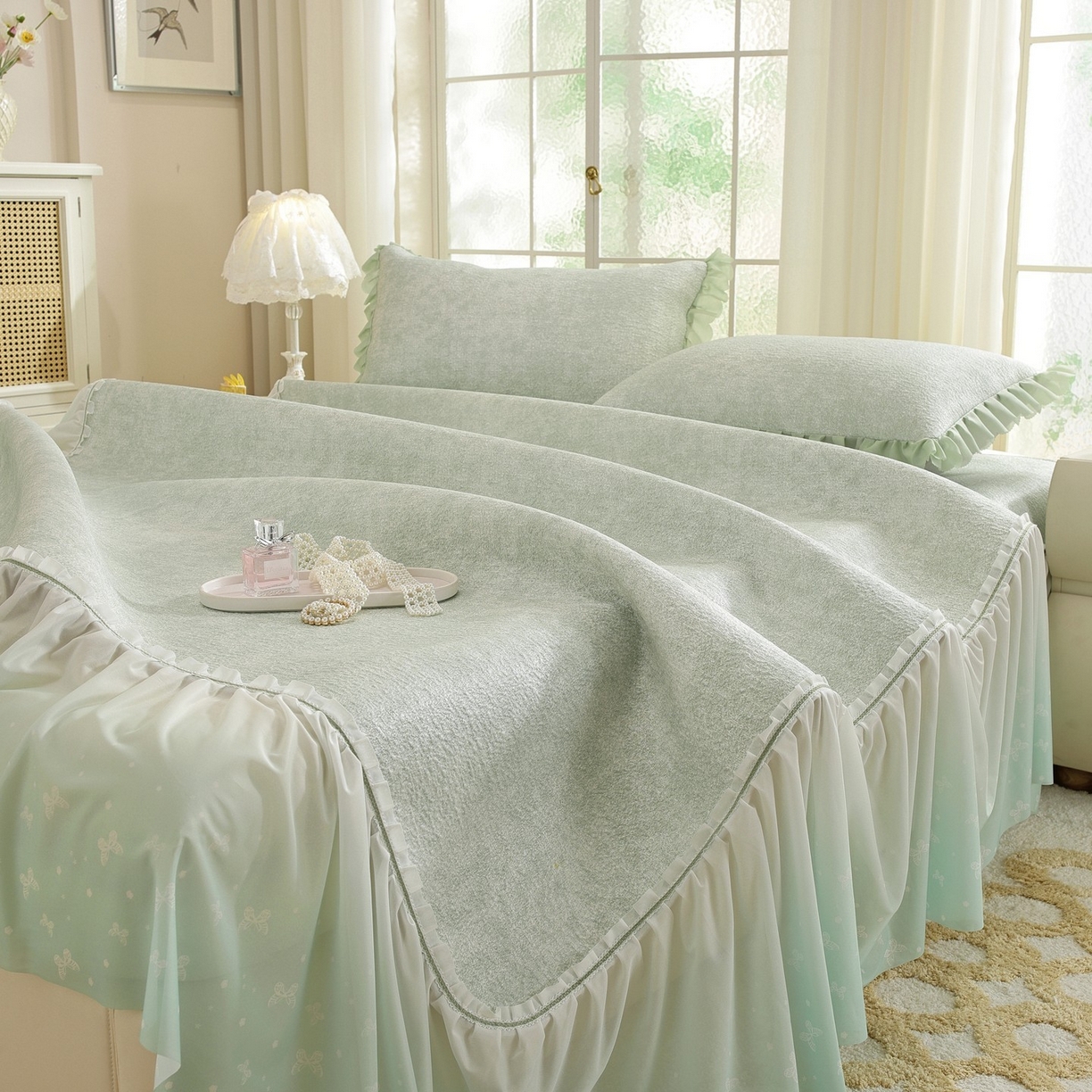 共鸣沙发垫 2026新款冰豆豆素雅床裙系列 素雅绿色