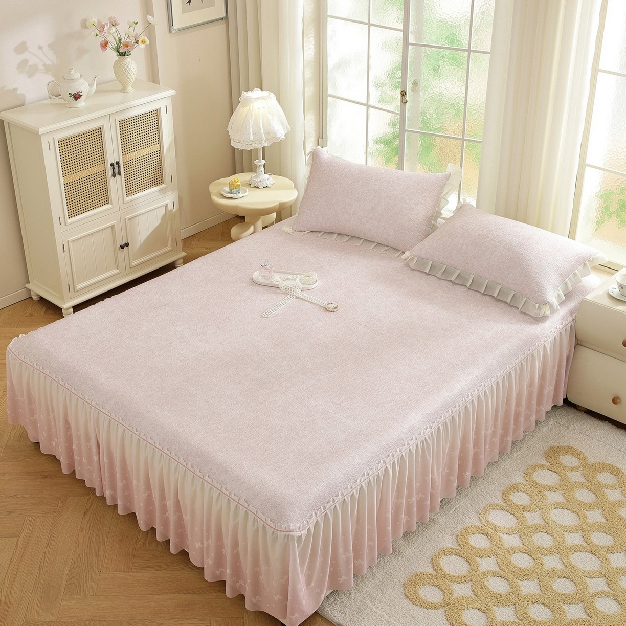 91家纺网 家纺一手货源 找家纺 共鸣沙发垫 2026新款冰豆豆素雅床裙系列 素雅粉色