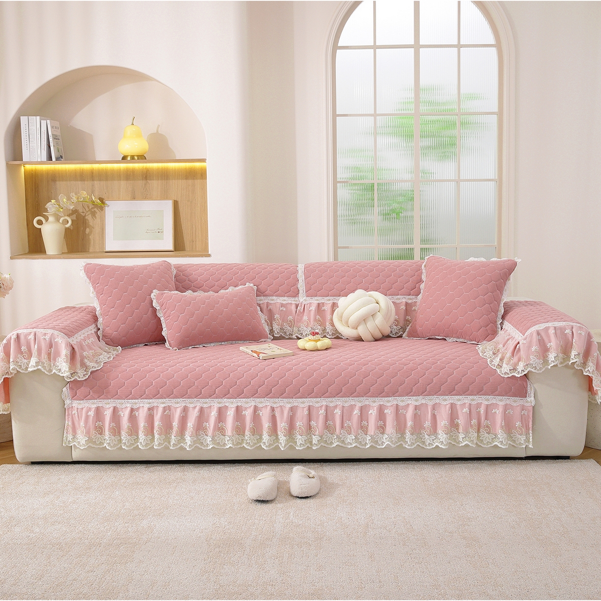 91家纺网 家纺一手货源 找家纺 共鸣沙发垫 2025新款繁花沙发垫 繁花粉色