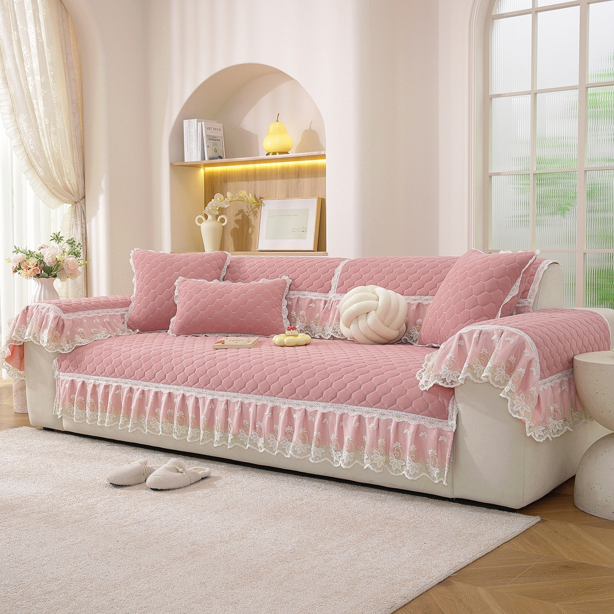 91家纺网 家纺一手货源 找家纺 共鸣沙发垫 2025新款繁花沙发垫 繁花粉色