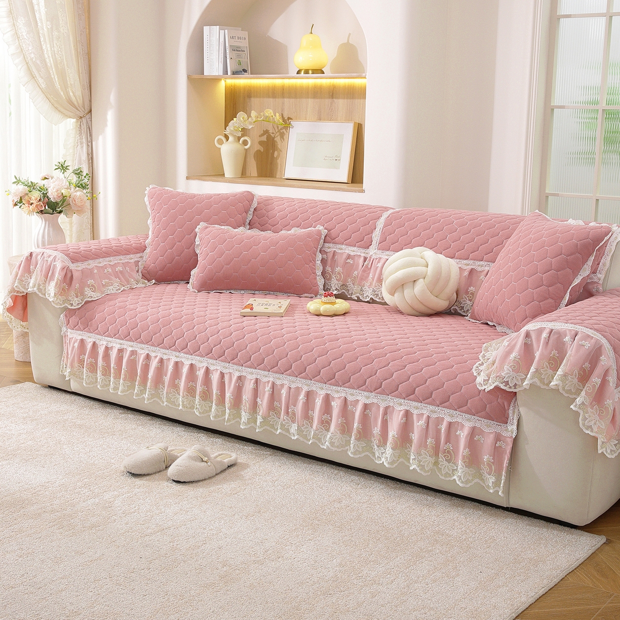 91家纺网 家纺一手货源 找家纺 共鸣沙发垫 2025新款繁花沙发垫 繁花粉色