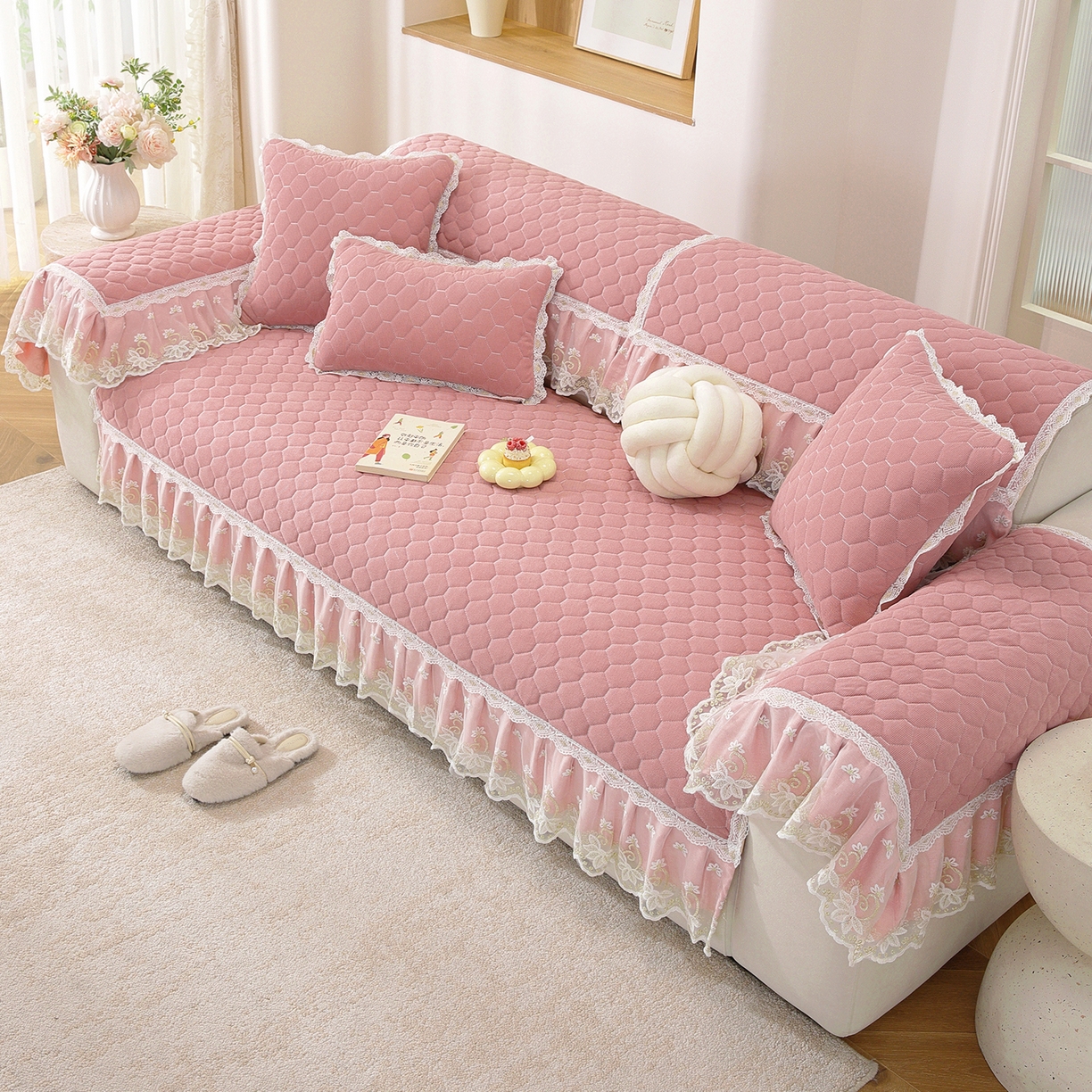 91家纺网 家纺一手货源 找家纺 共鸣沙发垫 2025新款繁花沙发垫 繁花粉色