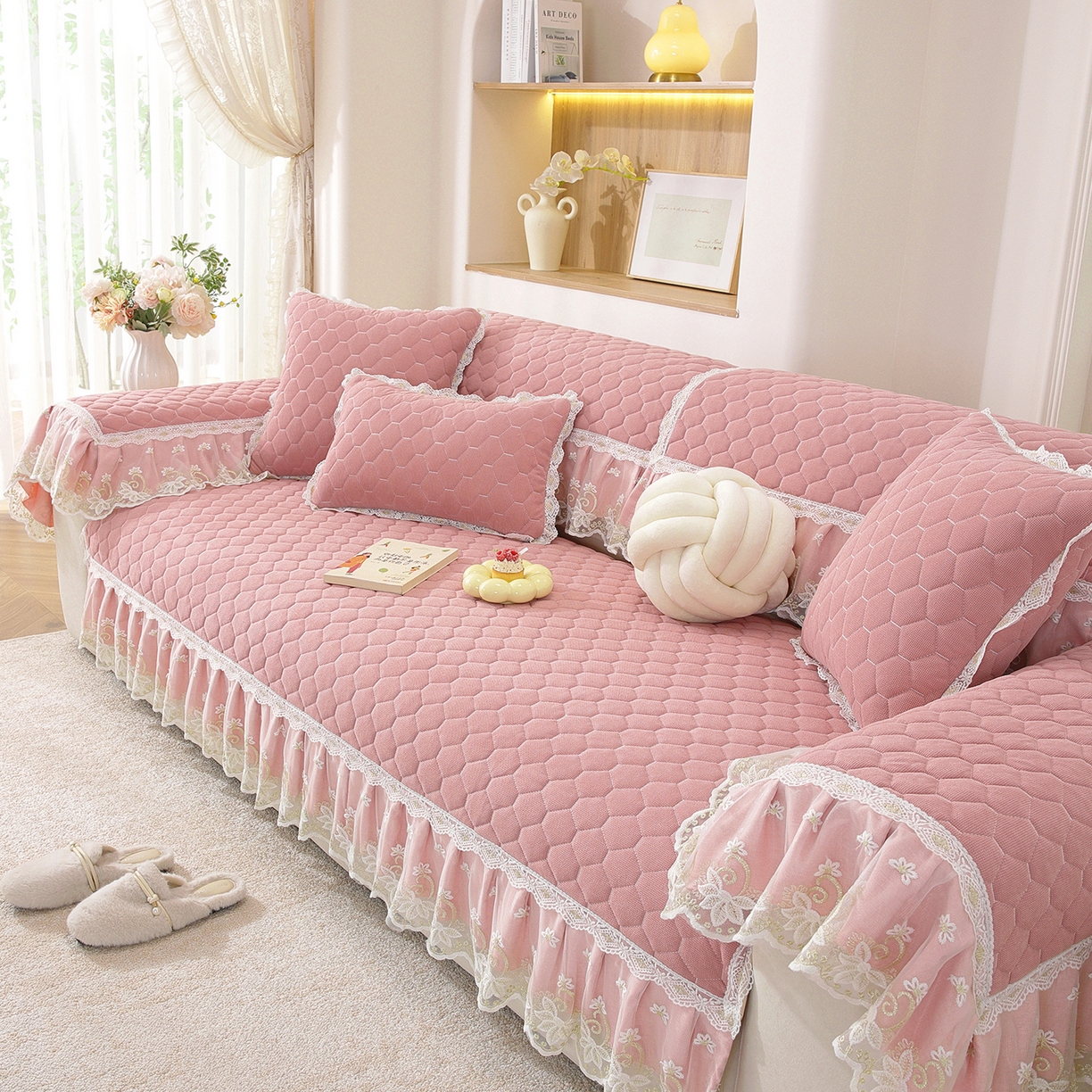 91家纺网 家纺一手货源 找家纺 共鸣沙发垫 2025新款繁花沙发垫 繁花粉色