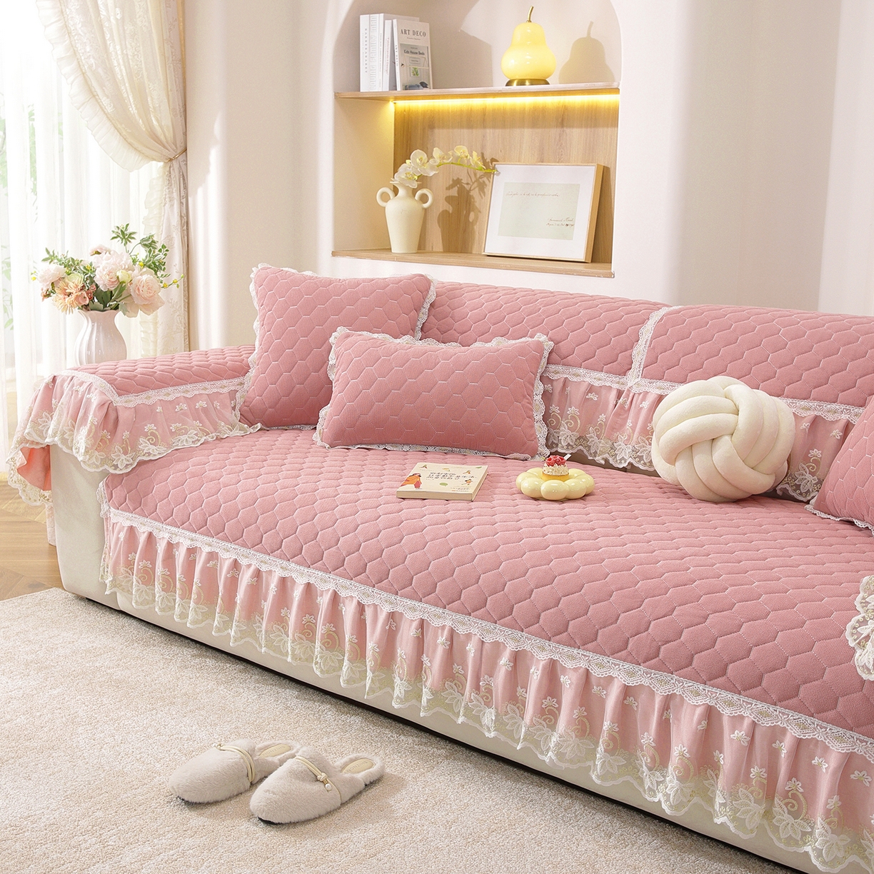 91家纺网 家纺一手货源 找家纺 共鸣沙发垫 2025新款繁花沙发垫 繁花粉色