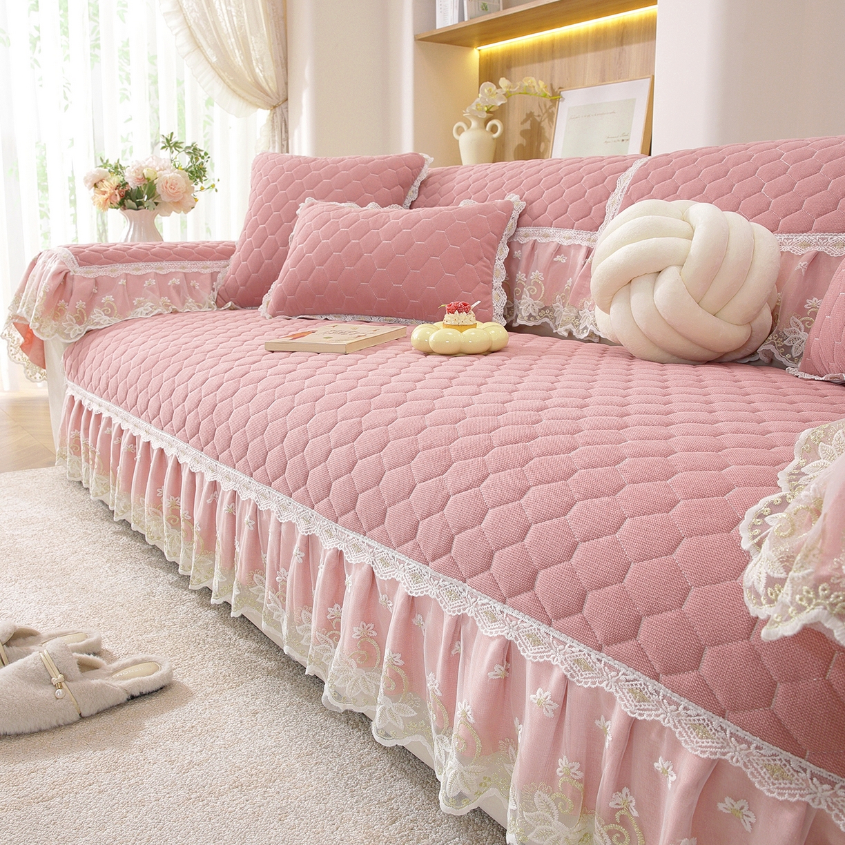 91家纺网 家纺一手货源 找家纺 共鸣沙发垫 2025新款繁花沙发垫 繁花粉色