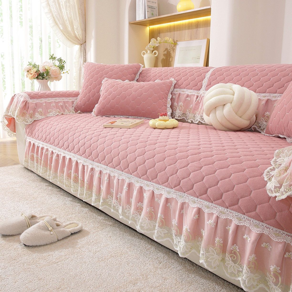 91家纺网 家纺一手货源 找家纺 共鸣沙发垫 2025新款繁花沙发垫 繁花粉色