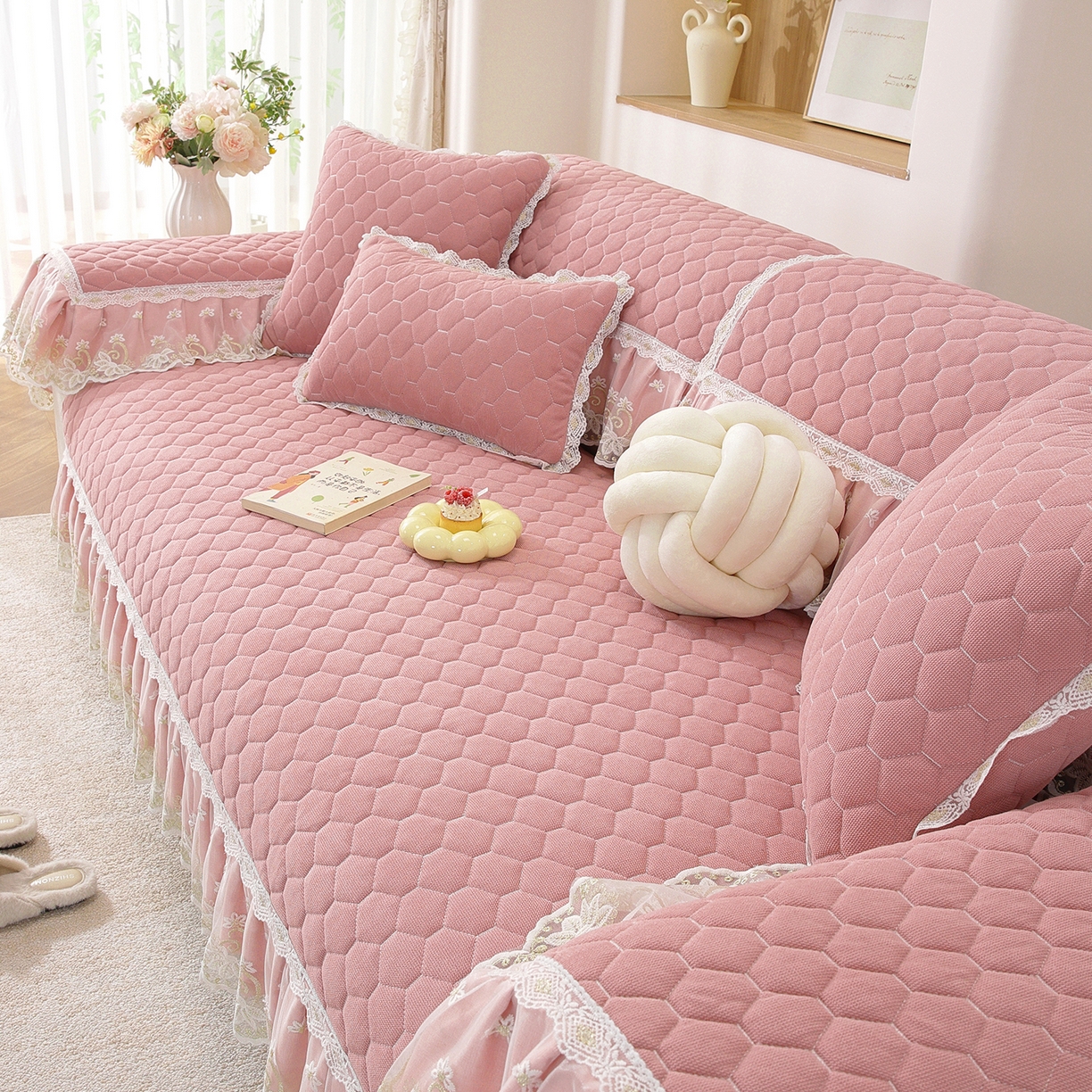 91家纺网 家纺一手货源 找家纺 共鸣沙发垫 2025新款繁花沙发垫 繁花粉色