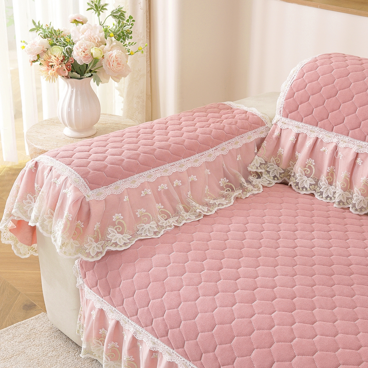 91家纺网 家纺一手货源 找家纺 共鸣沙发垫 2025新款繁花沙发垫 繁花粉色