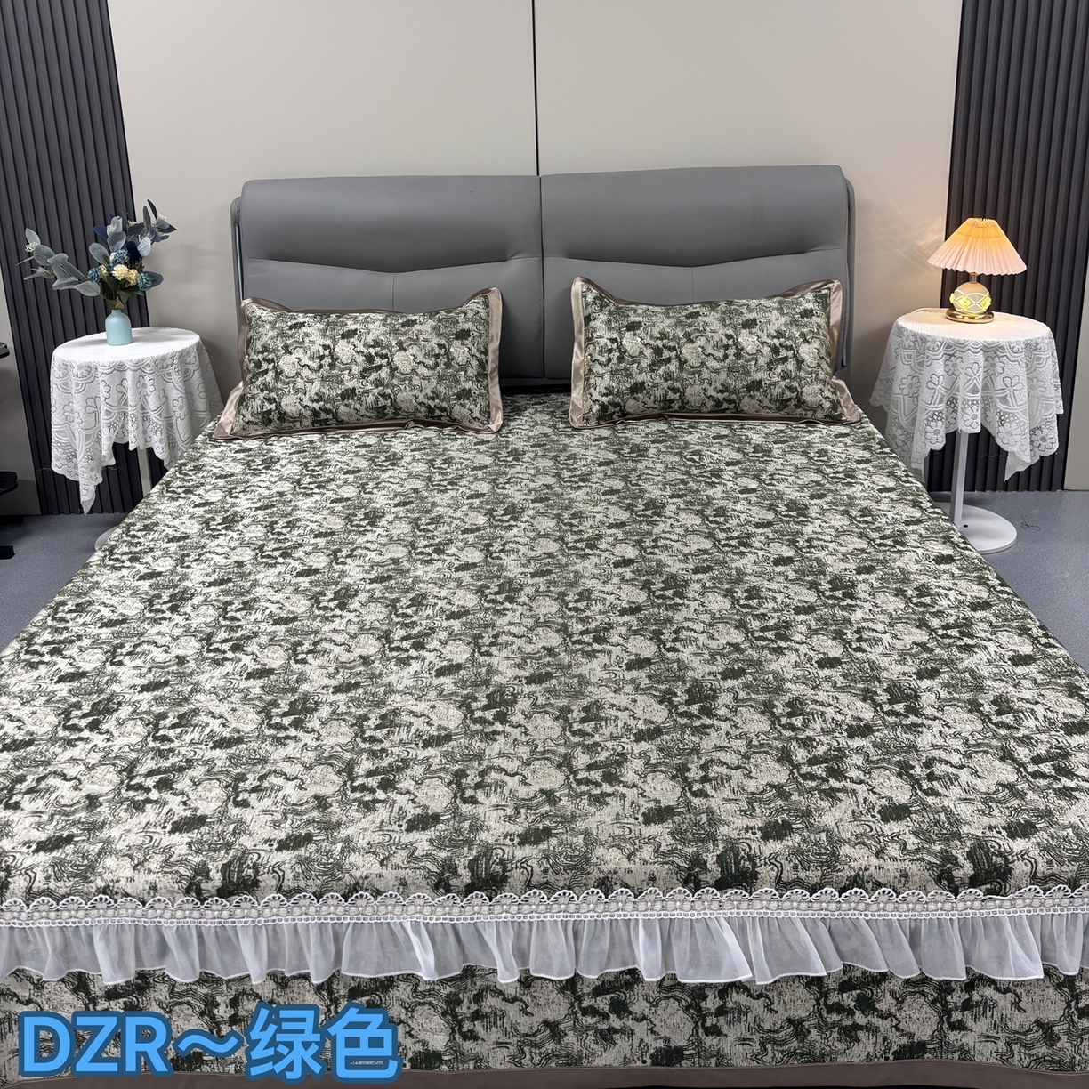 德之仁纺织 2026新款法式氛围感加厚防滑可机洗印花床盖三件套-鎏金流纹 鎏金流纹-绿色