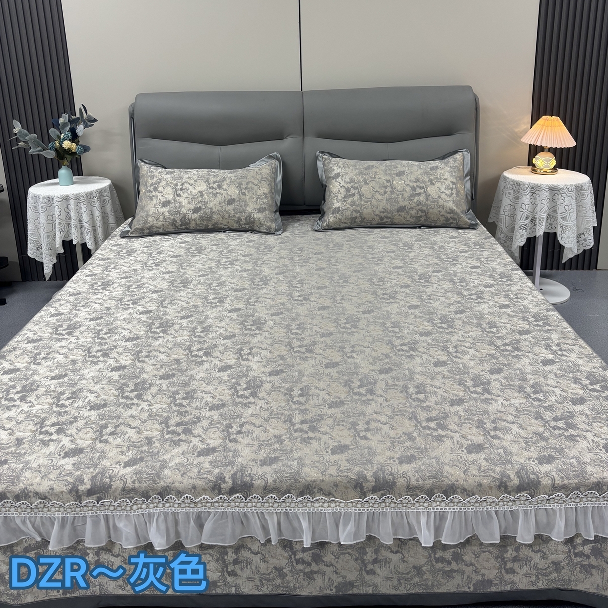 德之仁纺织 2026新款法式氛围感加厚防滑可机洗印花床盖三件套-鎏金流纹 鎏金流纹-灰色