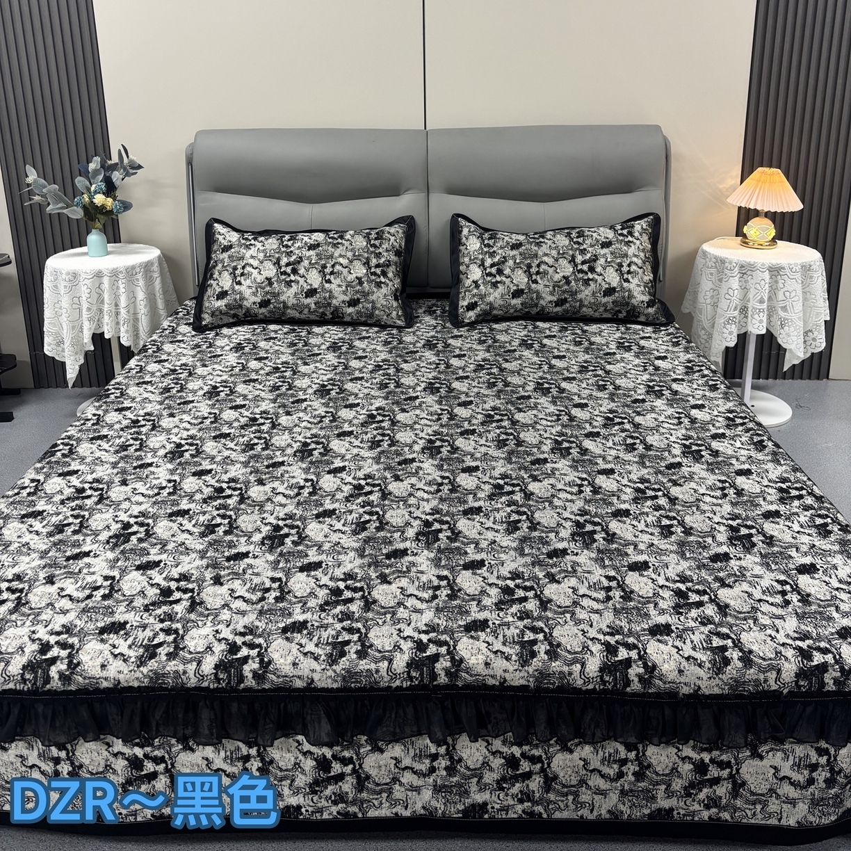 德之仁纺织 2026新款法式氛围感加厚防滑可机洗印花床盖三件套-鎏金流纹 鎏金流纹-黑色