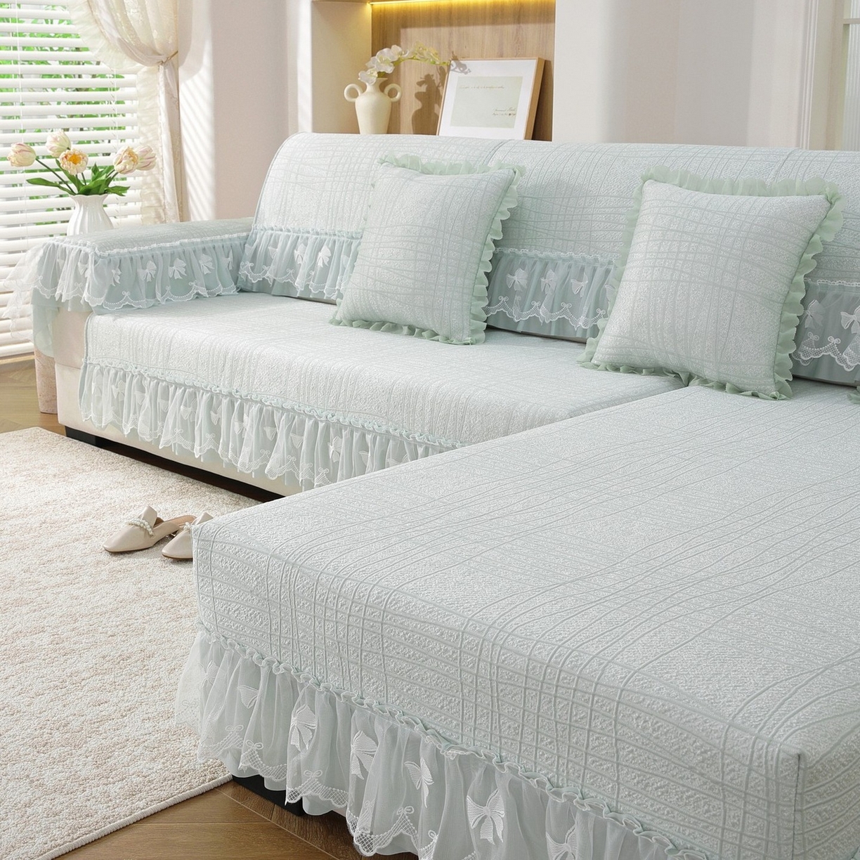 91家纺网 家纺一手货源 找家纺 共鸣沙发垫 2026新款冰豆条纹沙发垫系列 冰豆条纹绿色