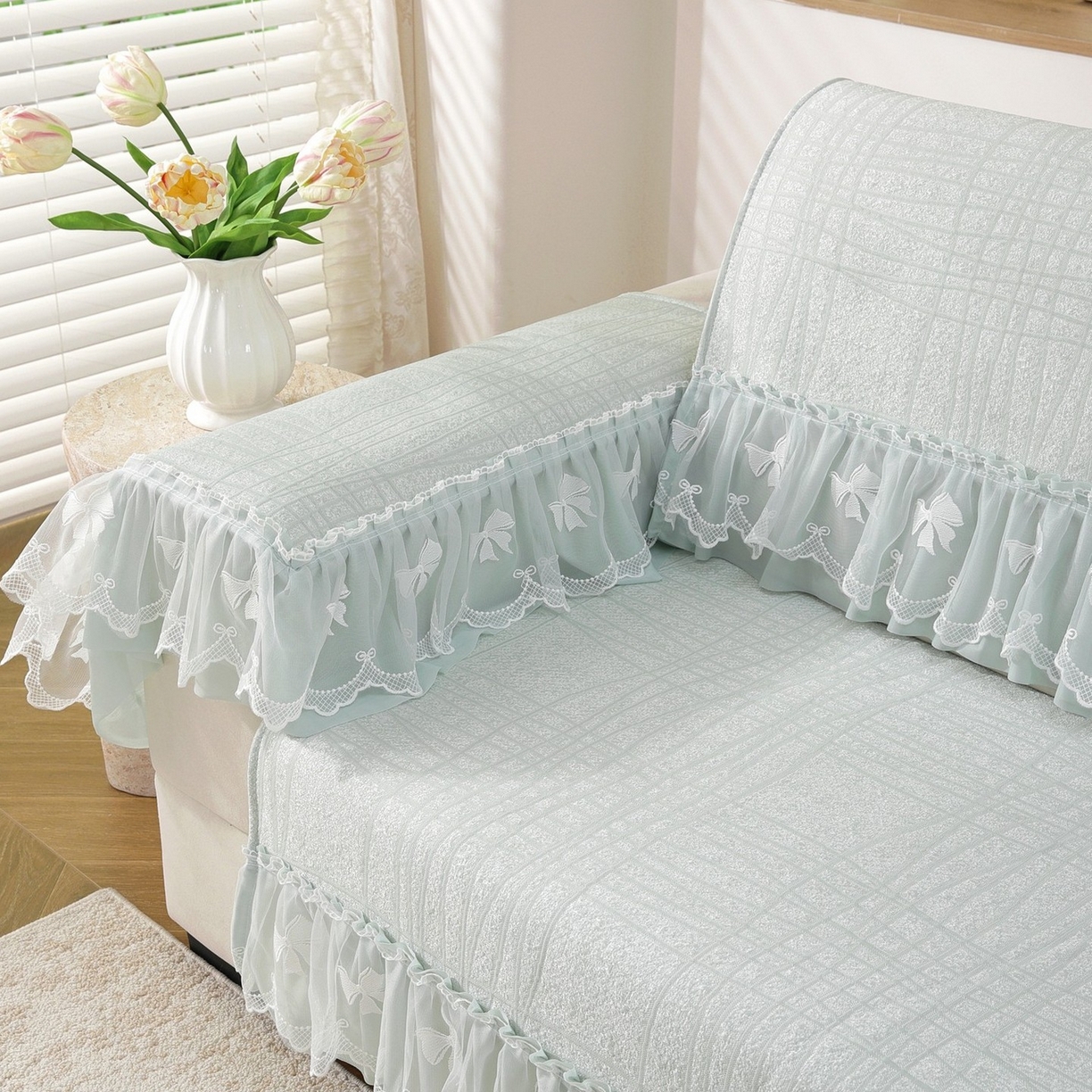 91家纺网 家纺一手货源 找家纺 共鸣沙发垫 2026新款冰豆条纹沙发垫系列 冰豆条纹绿色