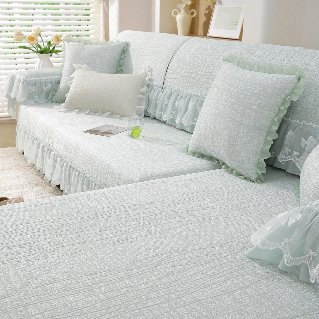 91家纺网 家纺一手货源 找家纺 共鸣沙发垫 2026新款冰豆条纹沙发垫系列 冰豆条纹绿色