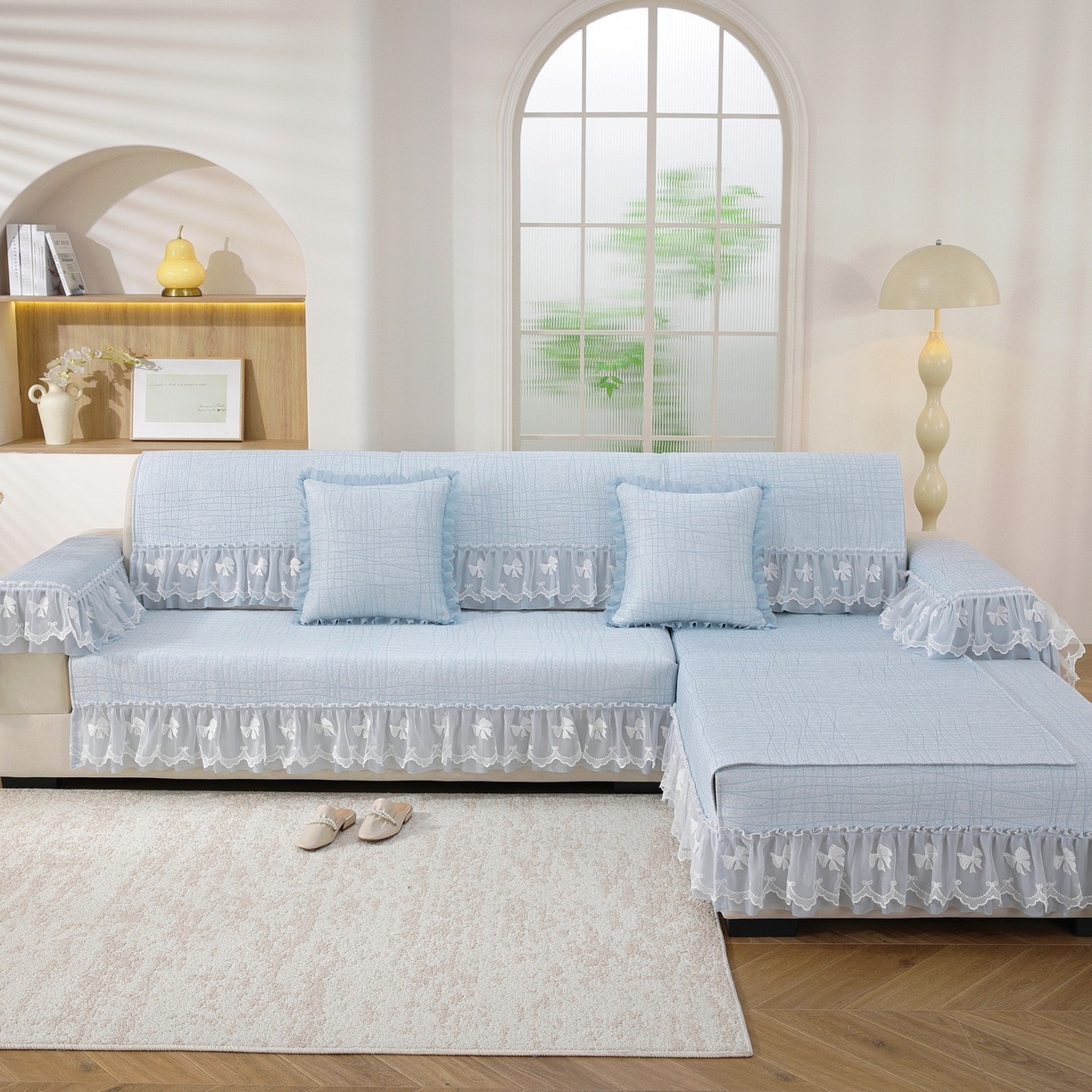 91家纺网 家纺一手货源 找家纺 共鸣沙发垫 2026新款冰豆条纹沙发垫系列 冰豆条纹蓝色