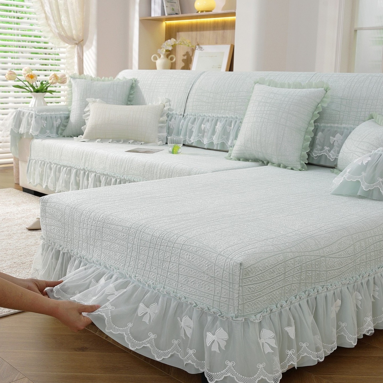 91家纺网 家纺一手货源 找家纺 共鸣沙发垫 2026新款冰豆条纹沙发垫系列 冰豆条纹绿色