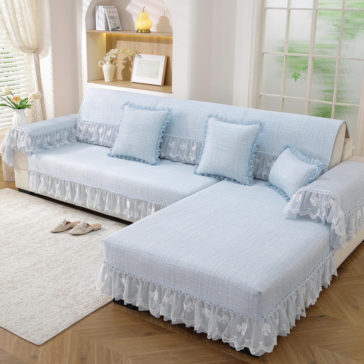 91家纺网 家纺一手货源 找家纺 共鸣沙发垫 2026新款冰豆条纹沙发垫系列 冰豆条纹蓝色