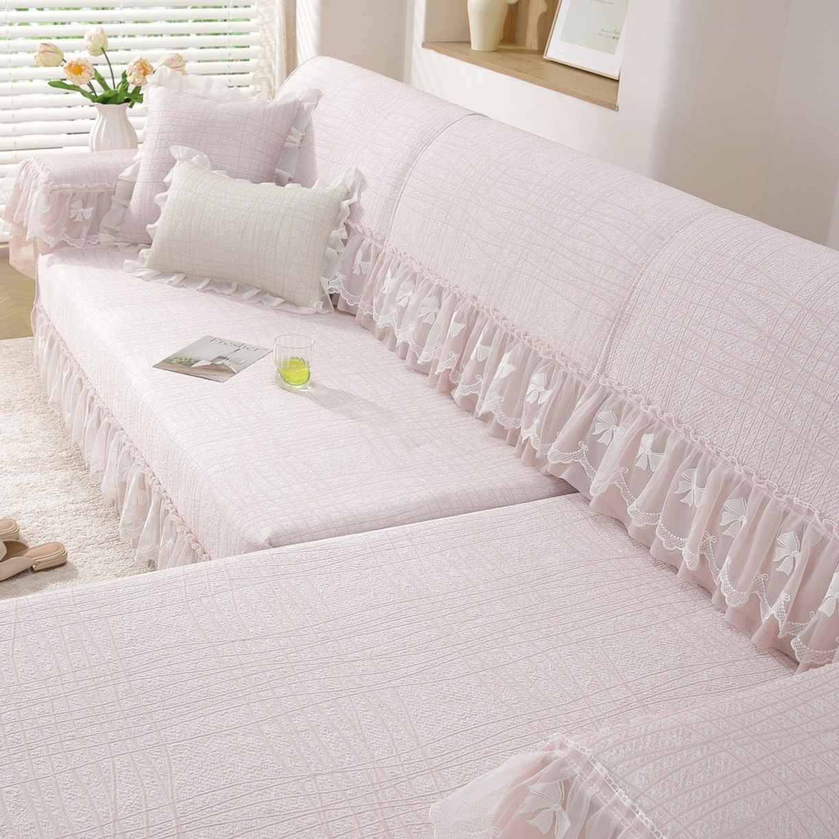 91家纺网 家纺一手货源 找家纺 共鸣沙发垫 2026新款冰豆条纹沙发垫系列 冰豆条纹粉色