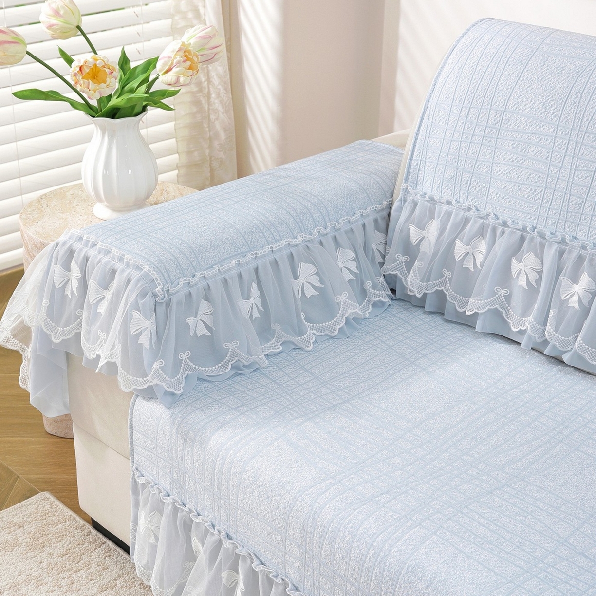 91家纺网 家纺一手货源 找家纺 共鸣沙发垫 2026新款冰豆条纹沙发垫系列 冰豆条纹蓝色