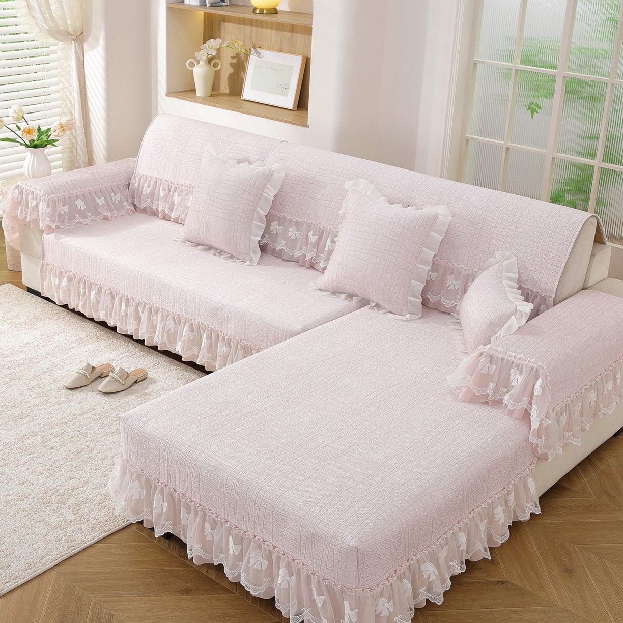 91家纺网 家纺一手货源 找家纺 共鸣沙发垫 2026新款冰豆条纹沙发垫系列 冰豆条纹粉色