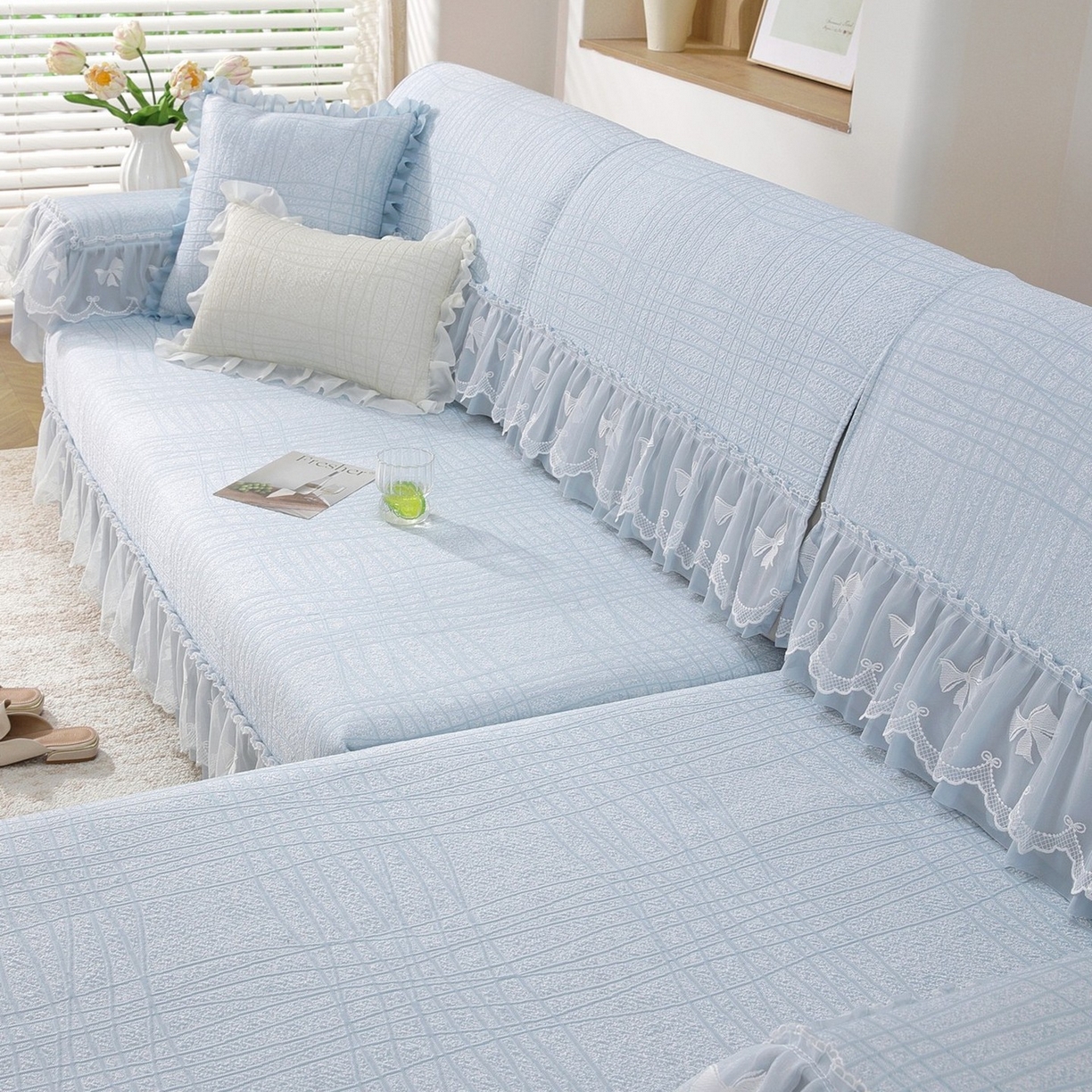 91家纺网 家纺一手货源 找家纺 共鸣沙发垫 2026新款冰豆条纹沙发垫系列 冰豆条纹蓝色