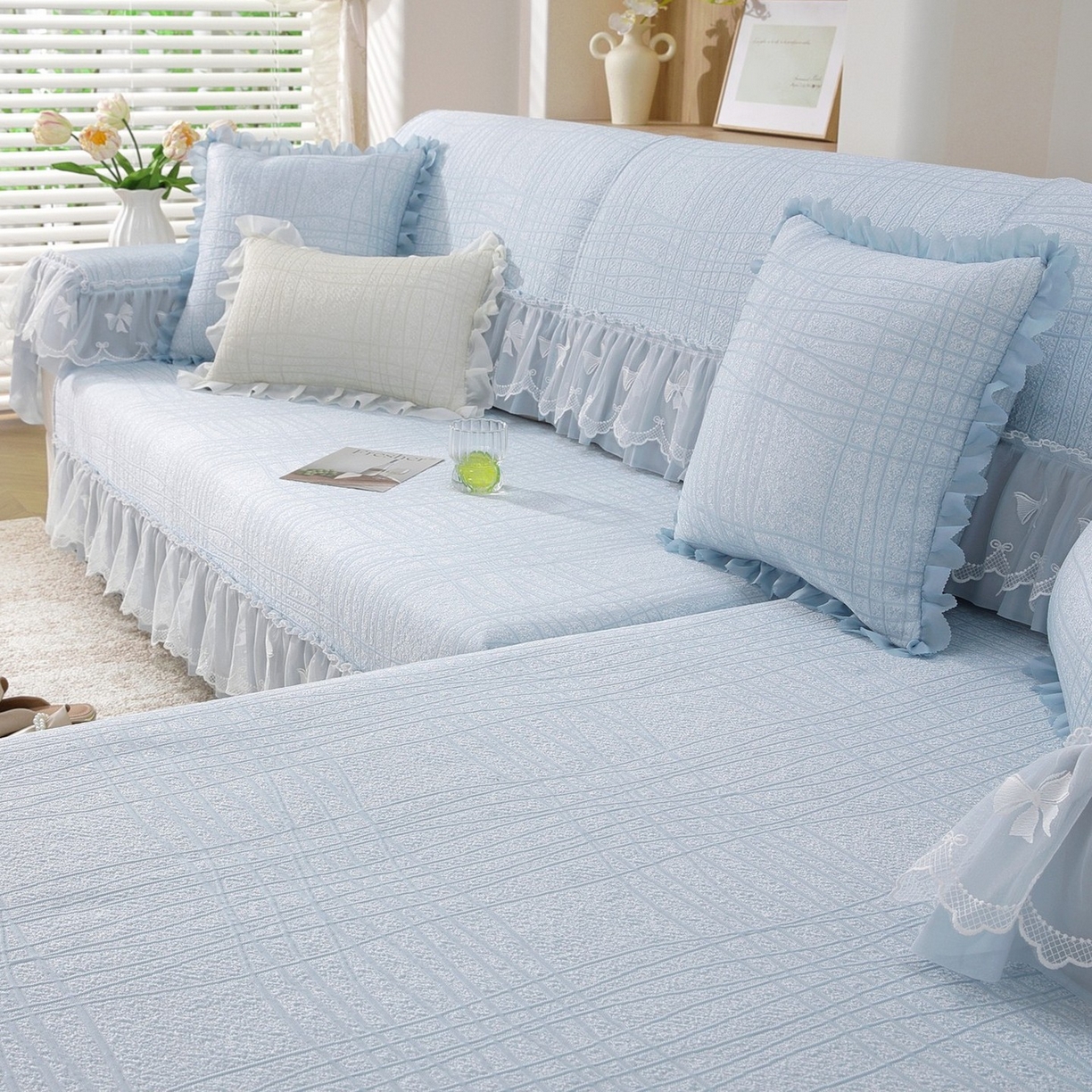 91家纺网 家纺一手货源 找家纺 共鸣沙发垫 2026新款冰豆条纹沙发垫系列 冰豆条纹蓝色