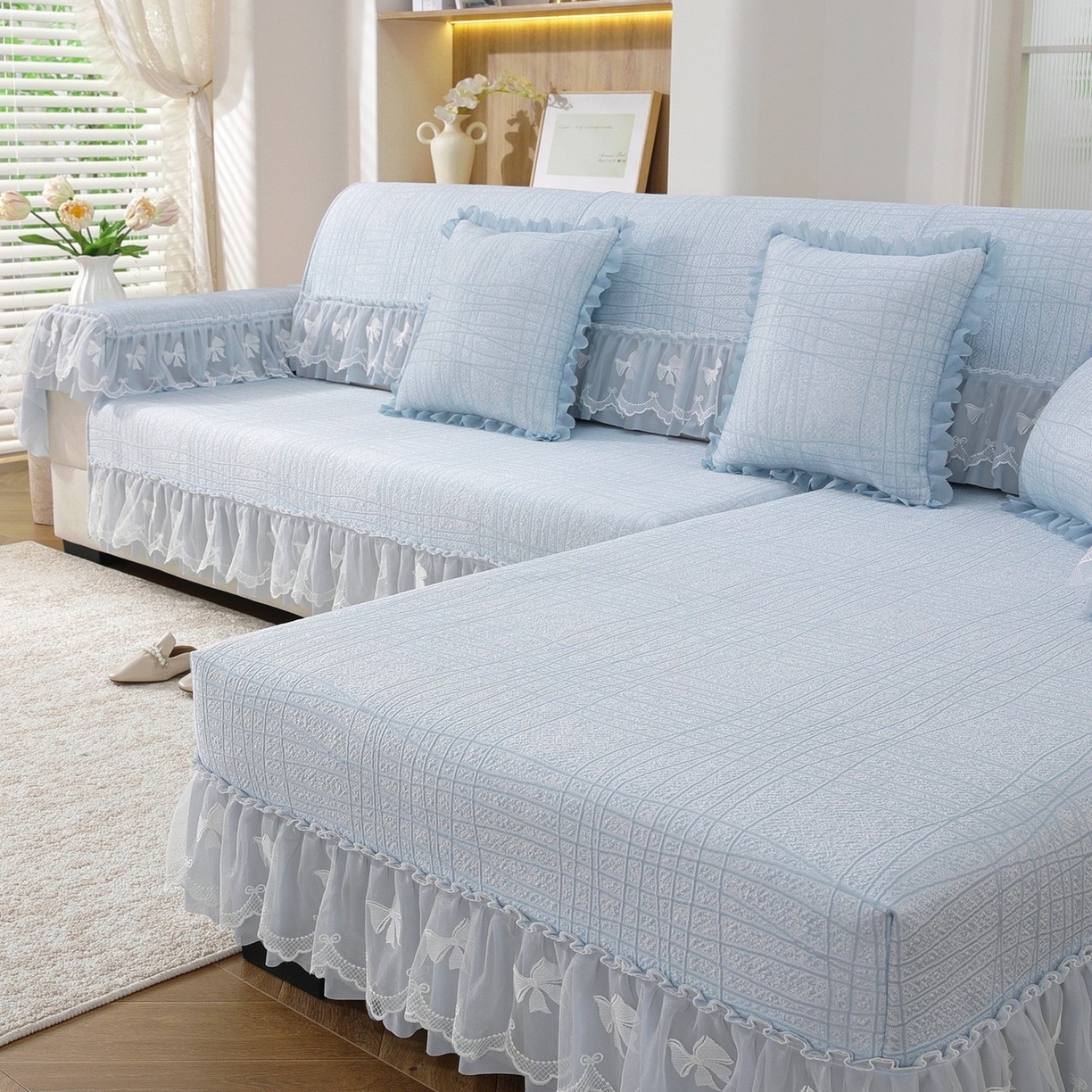 91家纺网 家纺一手货源 找家纺 共鸣沙发垫 2026新款冰豆条纹沙发垫系列 冰豆条纹蓝色