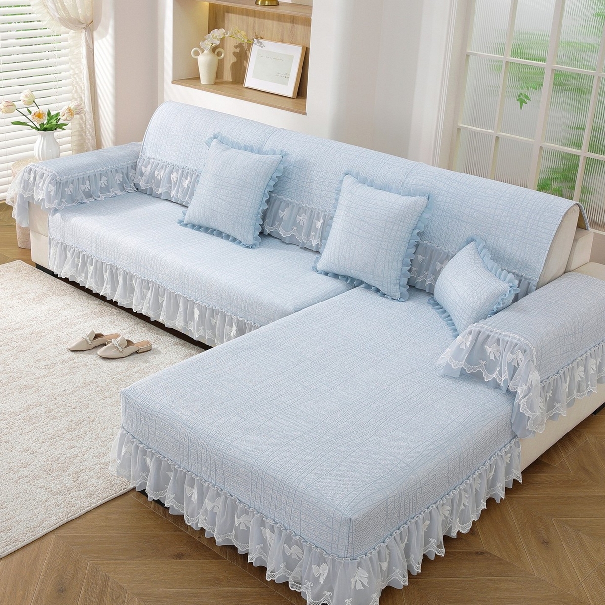 91家纺网 家纺一手货源 找家纺 共鸣沙发垫 2026新款冰豆条纹沙发垫系列 冰豆条纹蓝色