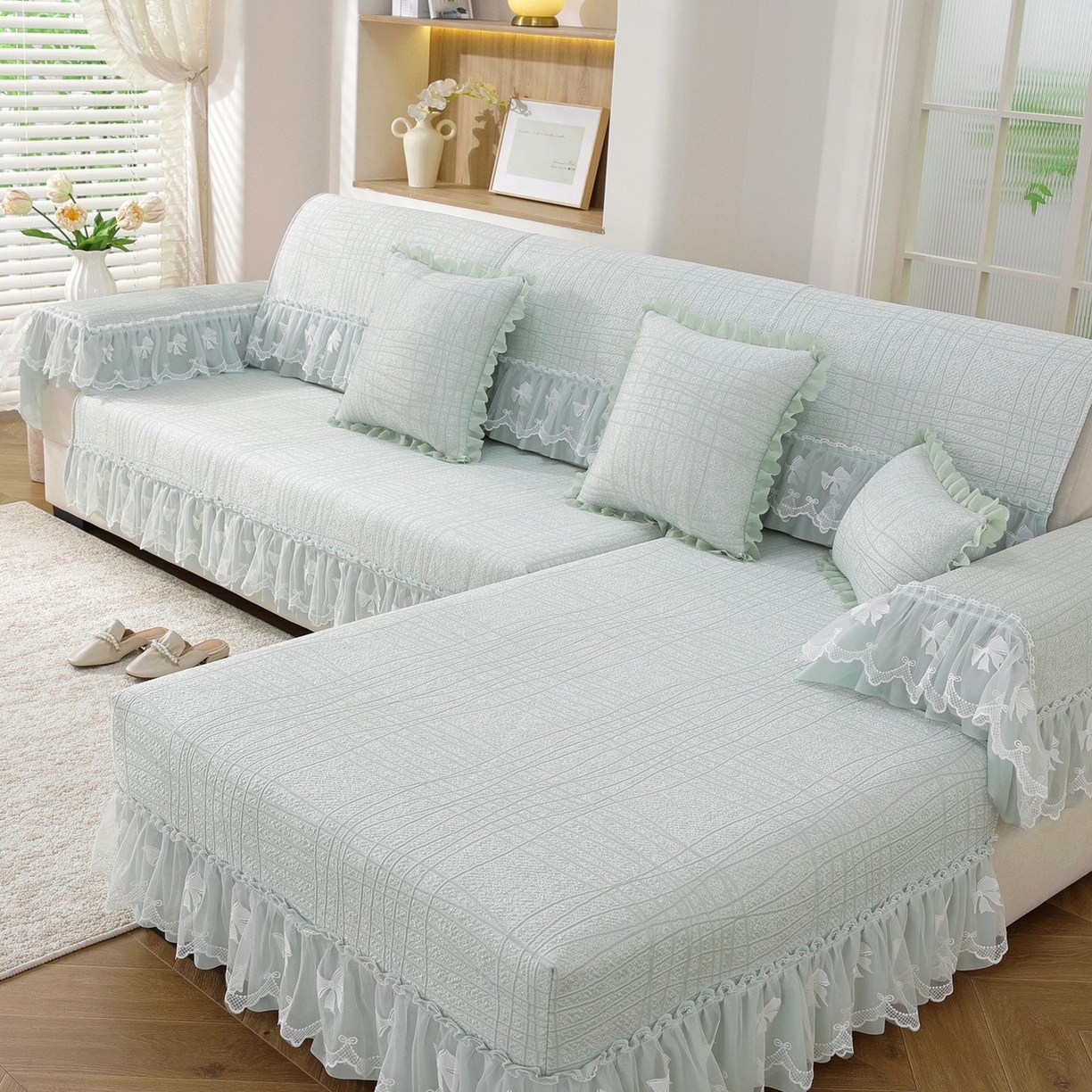 91家纺网 家纺一手货源 找家纺 共鸣沙发垫 2026新款冰豆条纹沙发垫系列 冰豆条纹绿色