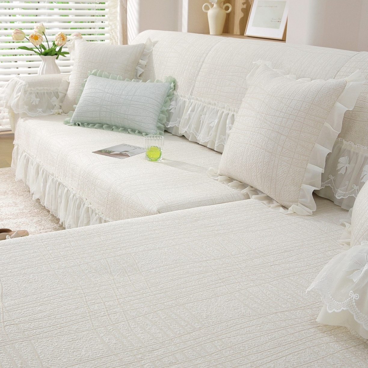 91家纺网 家纺一手货源 找家纺 共鸣沙发垫 2026新款冰豆条纹沙发垫系列 冰豆条纹米黄