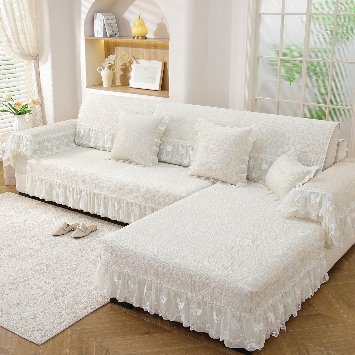 91家纺网 家纺一手货源 找家纺 共鸣沙发垫 2026新款冰豆条纹沙发垫系列 冰豆条纹米黄