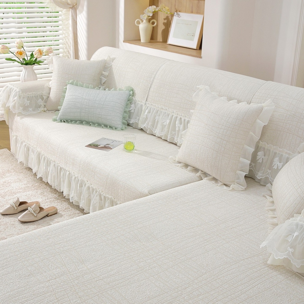 91家纺网 家纺一手货源 找家纺 共鸣沙发垫 2026新款冰豆条纹沙发垫系列 冰豆条纹米黄