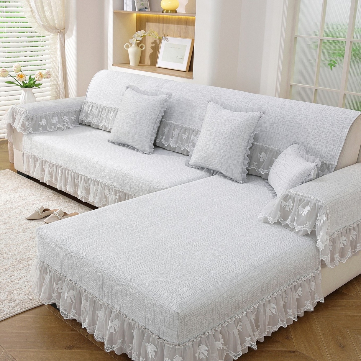 91家纺网 家纺一手货源 找家纺 共鸣沙发垫 2026新款冰豆条纹沙发垫系列 冰豆条纹灰色