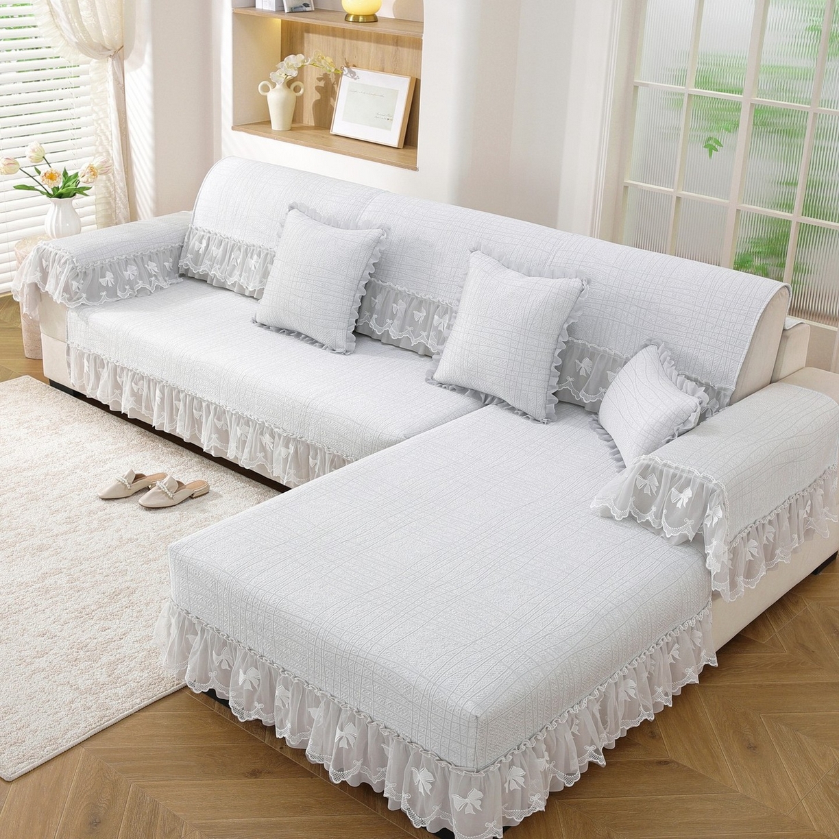 91家纺网 家纺一手货源 找家纺 共鸣沙发垫 2026新款冰豆条纹沙发垫系列 冰豆条纹灰色