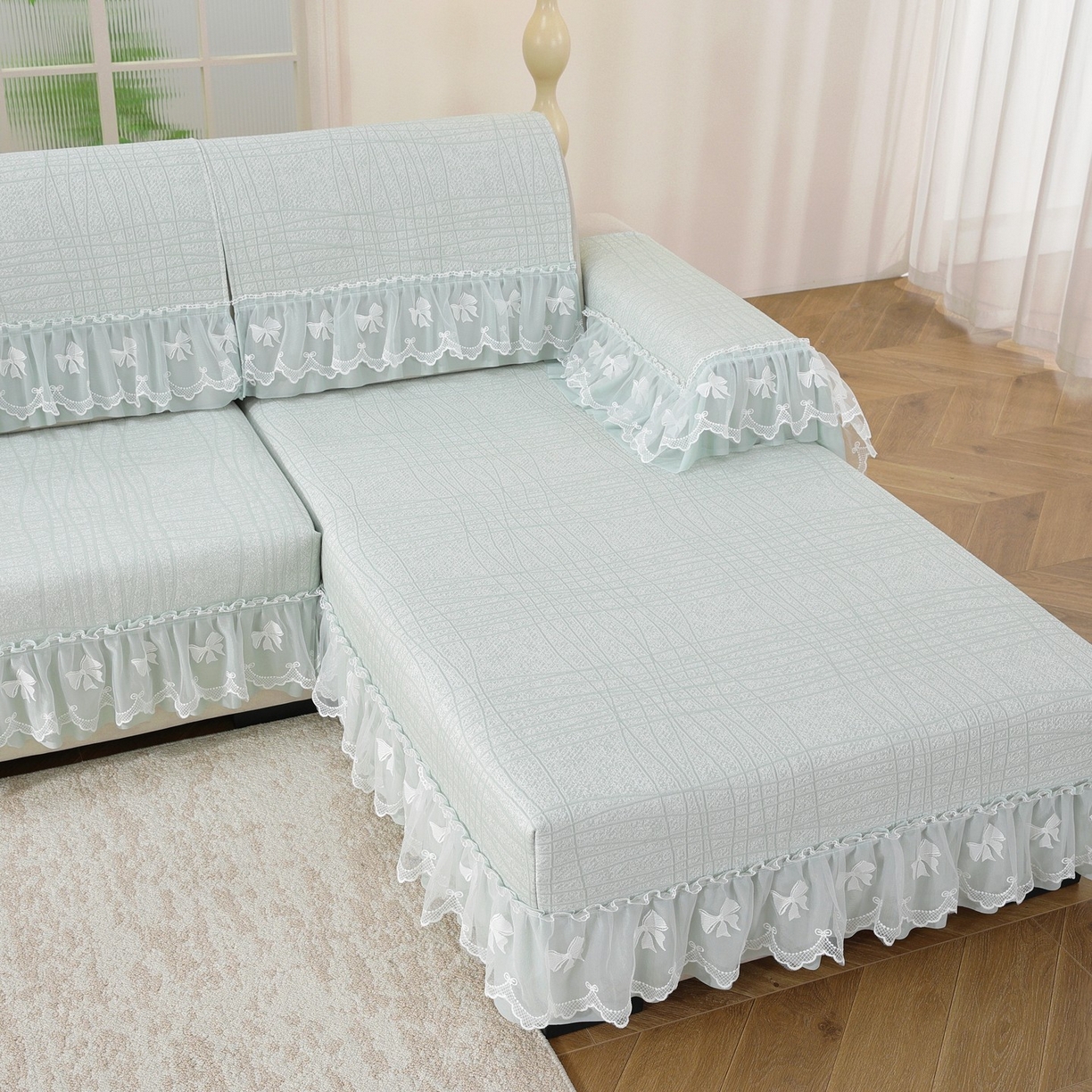 91家纺网 家纺一手货源 找家纺 共鸣沙发垫 2026新款冰豆条纹沙发垫系列 冰豆条纹绿色