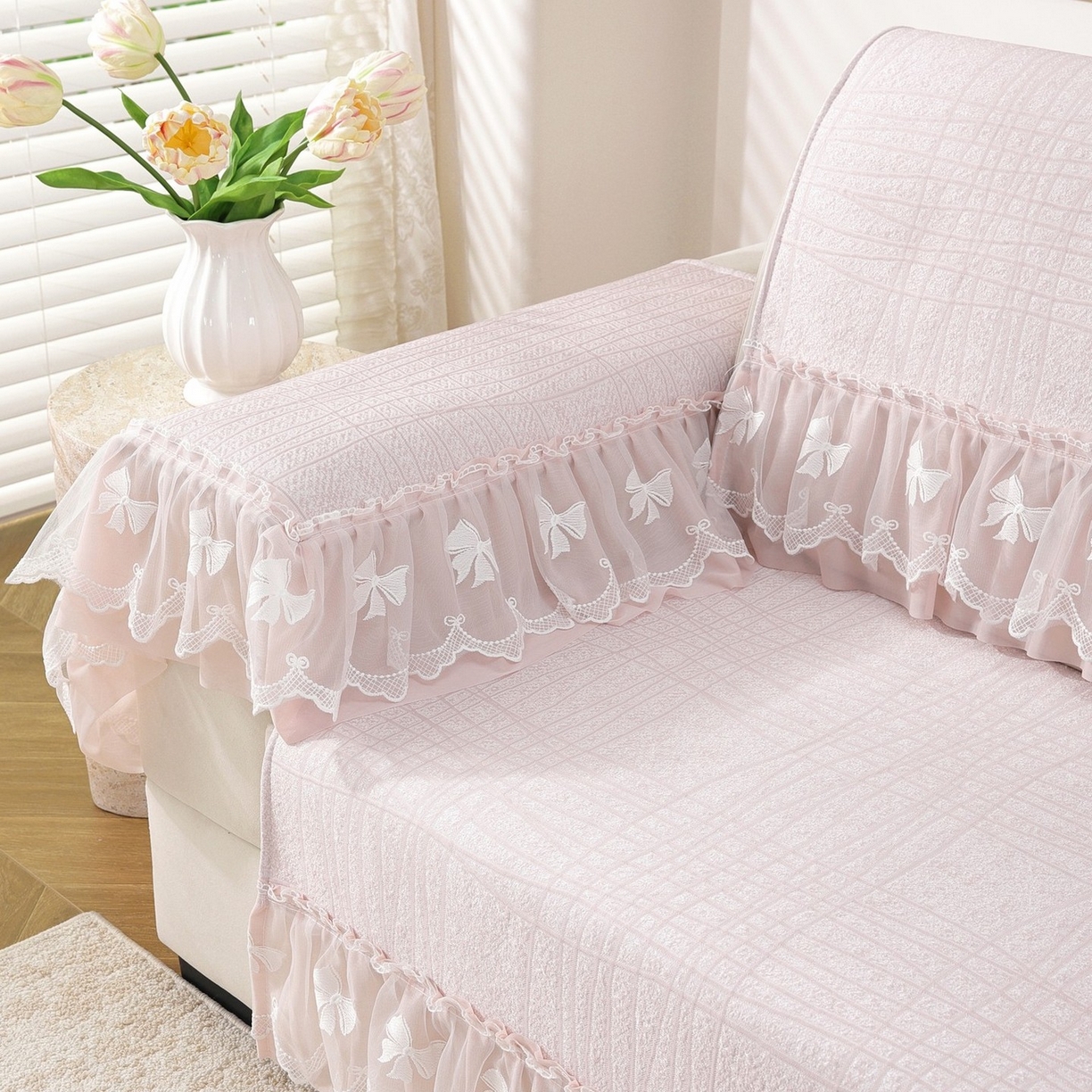 91家纺网 家纺一手货源 找家纺 共鸣沙发垫 2026新款冰豆条纹沙发垫系列 冰豆条纹粉色