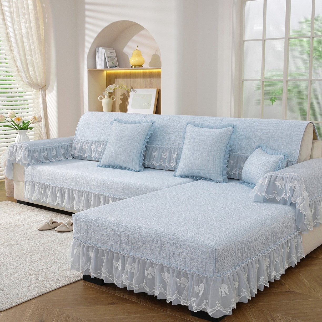 91家纺网 家纺一手货源 找家纺 共鸣沙发垫 2026新款冰豆条纹沙发垫系列 冰豆条纹蓝色