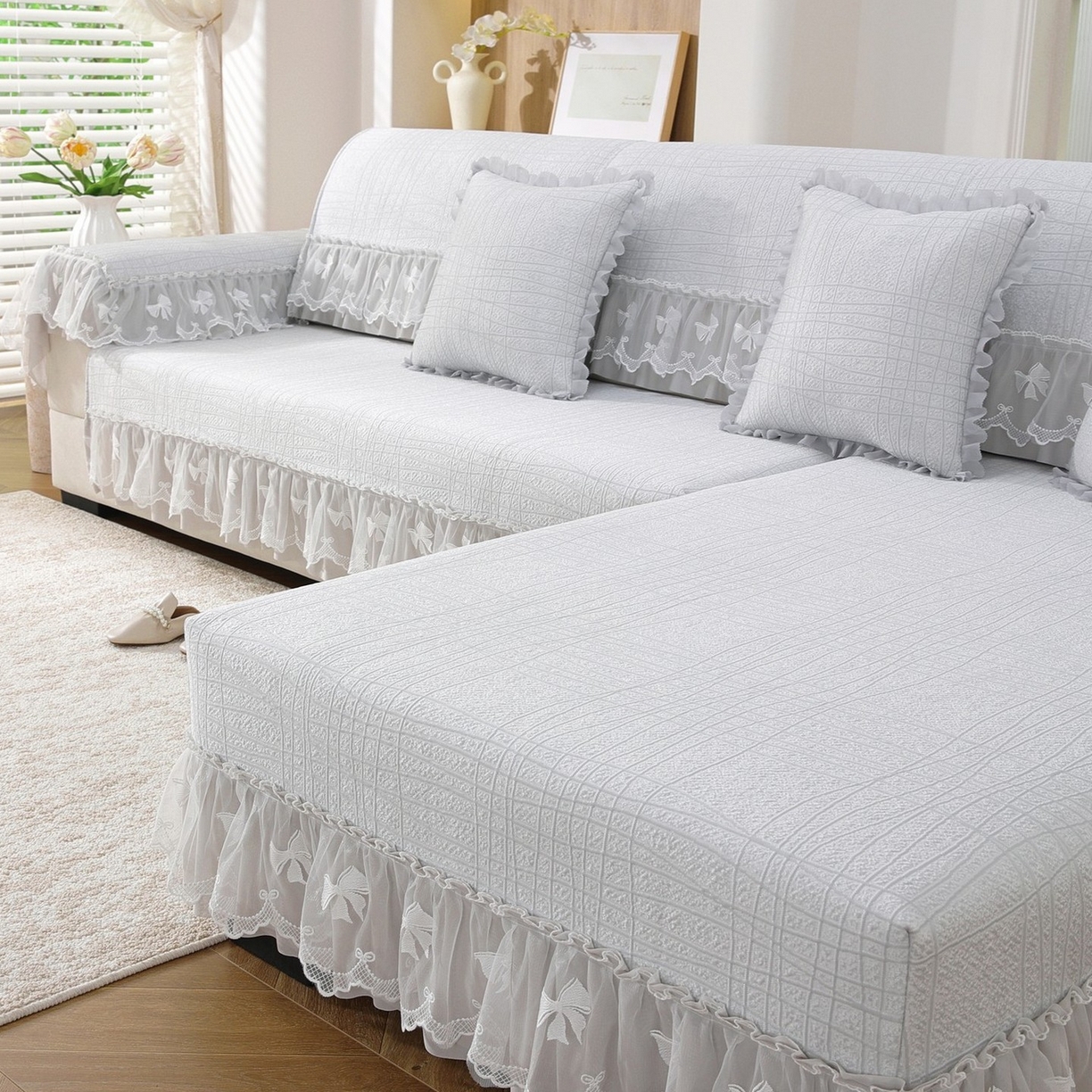 91家纺网 家纺一手货源 找家纺 共鸣沙发垫 2026新款冰豆条纹沙发垫系列 冰豆条纹灰色