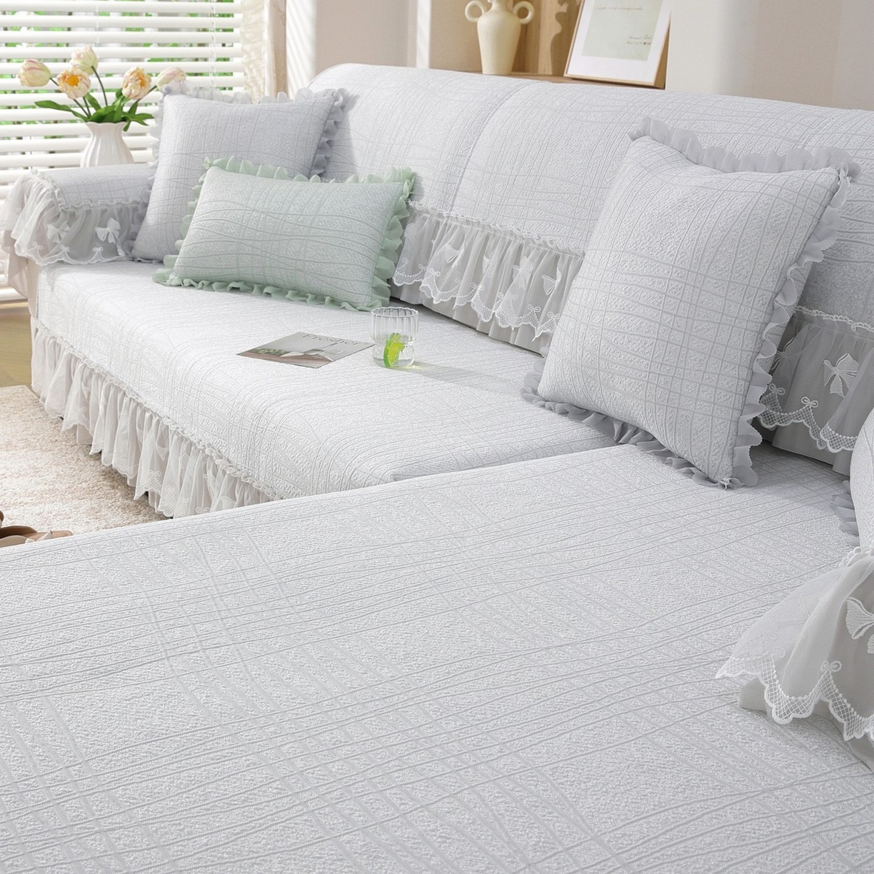 91家纺网 家纺一手货源 找家纺 共鸣沙发垫 2026新款冰豆条纹沙发垫系列 冰豆条纹灰色