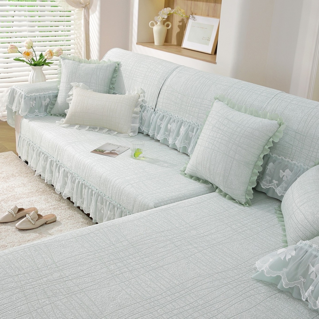 91家纺网 家纺一手货源 找家纺 共鸣沙发垫 2026新款冰豆条纹沙发垫系列 冰豆条纹绿色