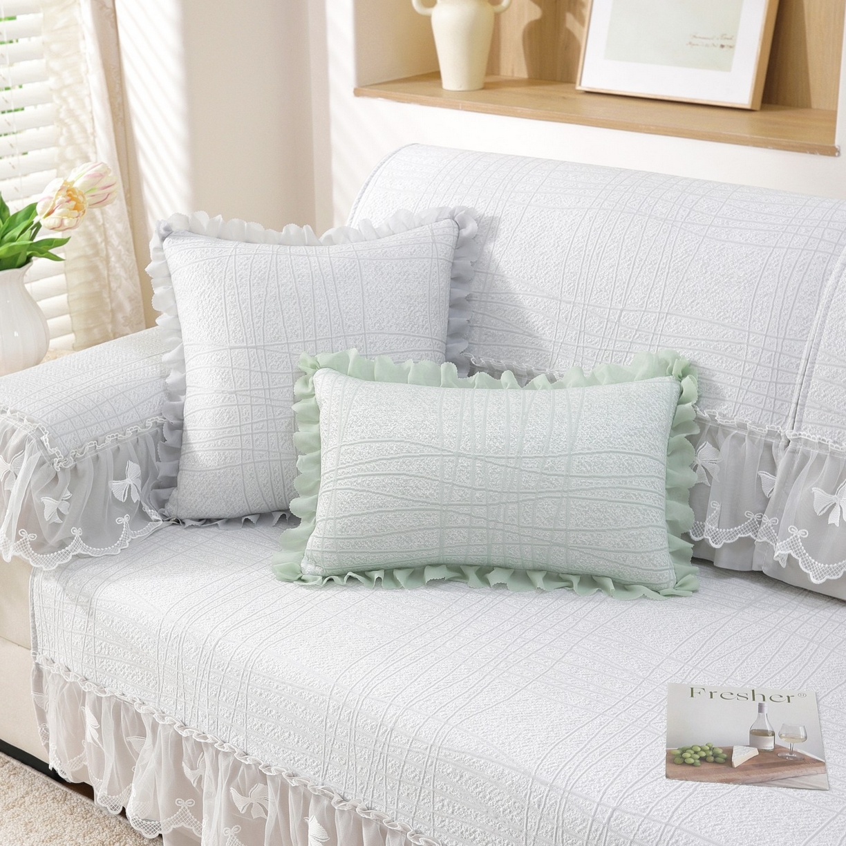 91家纺网 家纺一手货源 找家纺 共鸣沙发垫 2026新款冰豆条纹沙发垫系列 冰豆条纹灰色