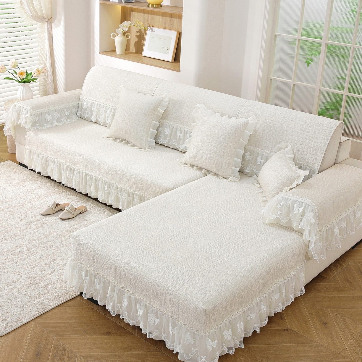 91家纺网 家纺一手货源 找家纺 共鸣沙发垫 2026新款冰豆条纹沙发垫系列 冰豆条纹米黄