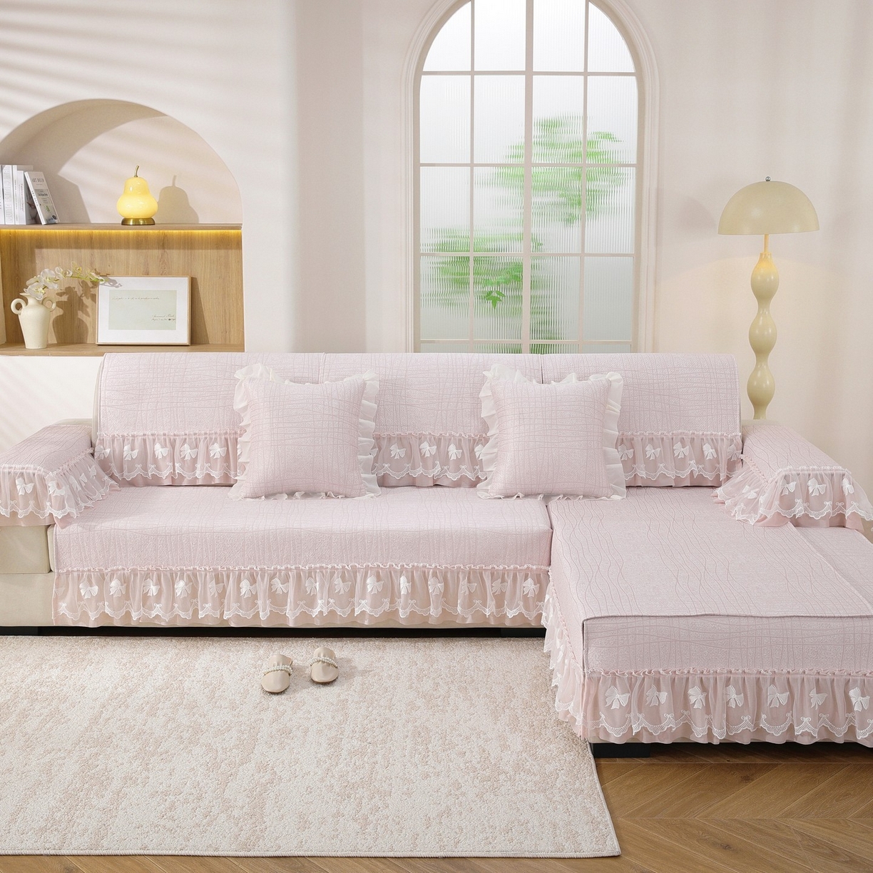 91家纺网 家纺一手货源 找家纺 共鸣沙发垫 2026新款冰豆条纹沙发垫系列 冰豆条纹粉色