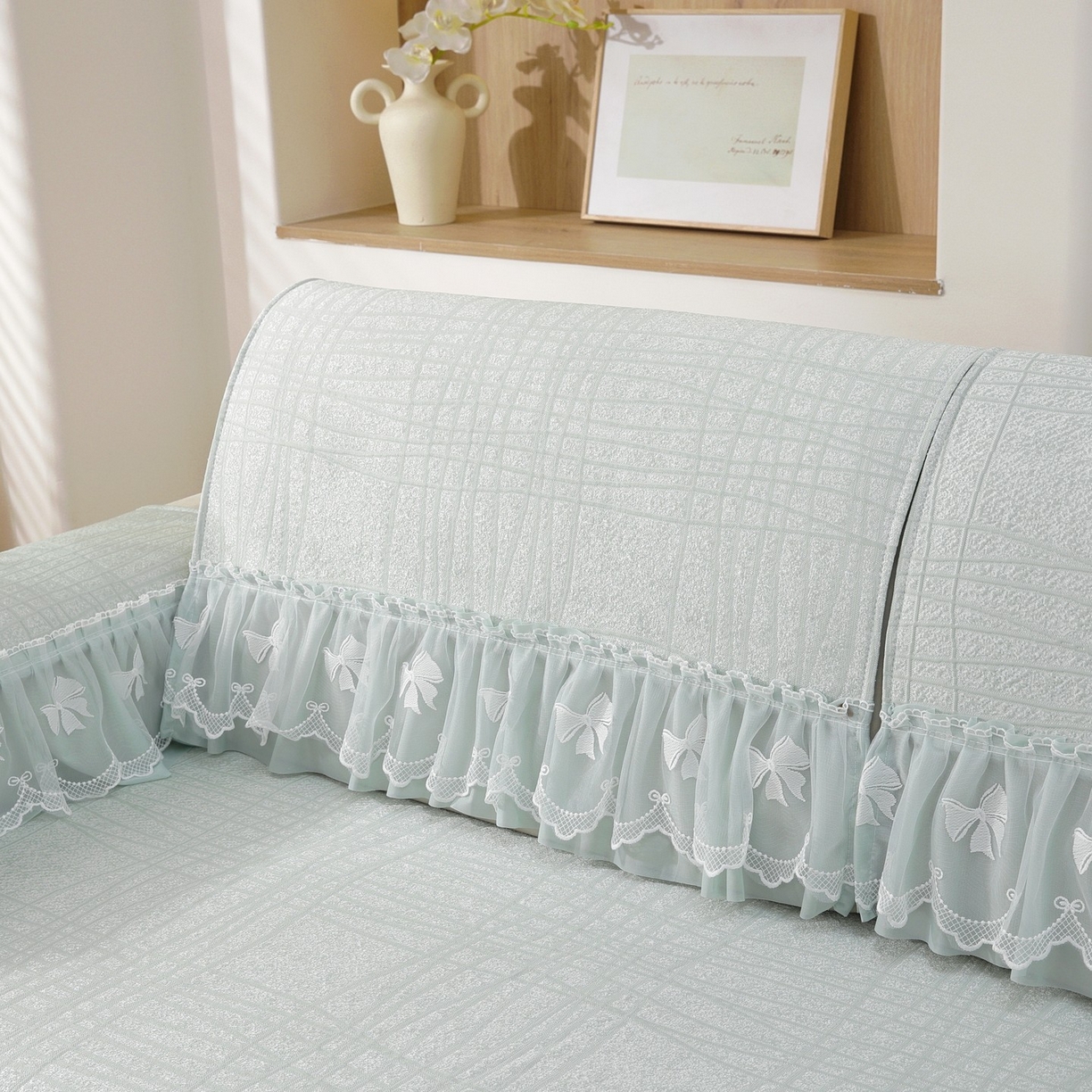 91家纺网 家纺一手货源 找家纺 共鸣沙发垫 2026新款冰豆条纹沙发垫系列 冰豆条纹绿色